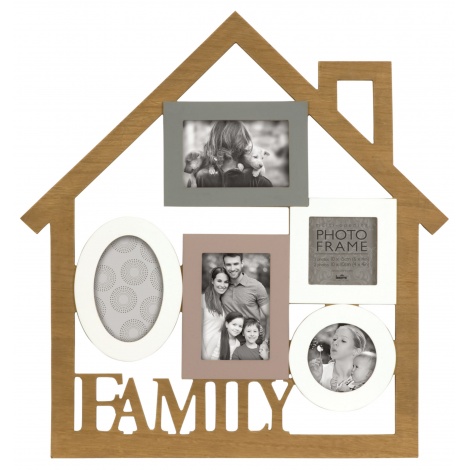 Dřevěný fotorámeček ve tvaru domečku  na více foto, s nápisem FAMILY